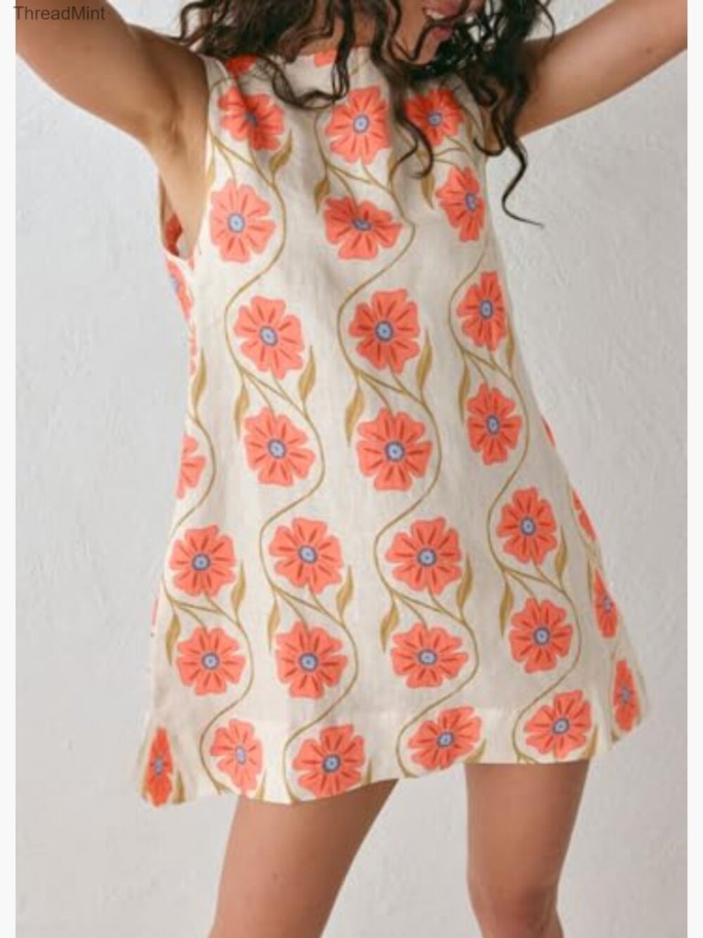 Sleeveless Floral Short Shift Dress Scoop Neck A-Line Cotton Linen Summer Mini - Picture 2 of 7